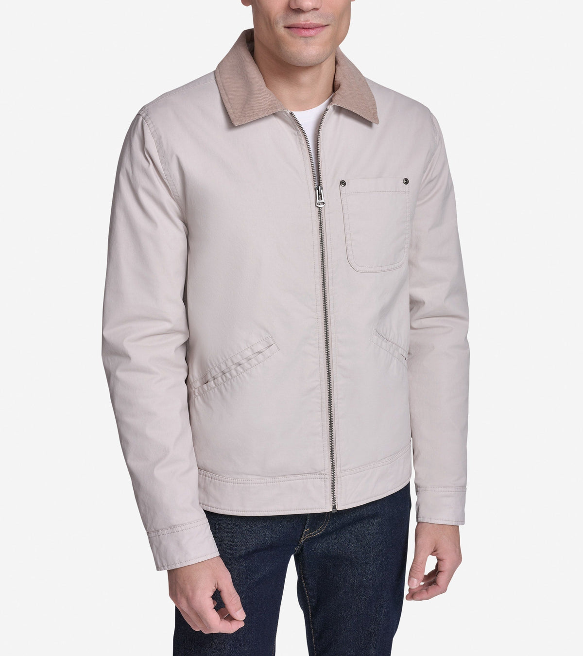Men's Coated Cotton Trucker Jacket with Corduroy in Beige | Cole Haan