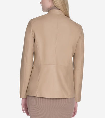 Women's Stand Collar Leather Jacket in Beige | Cole Haan