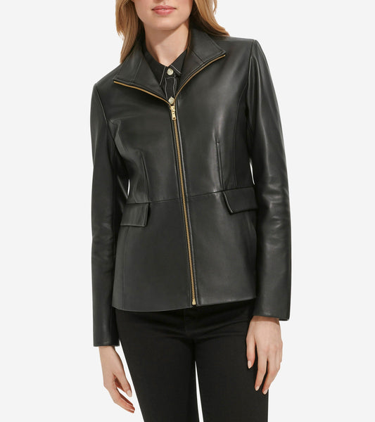 Women's Wing Collar Zip Up Leather Jacket in Black | Cole Haan
