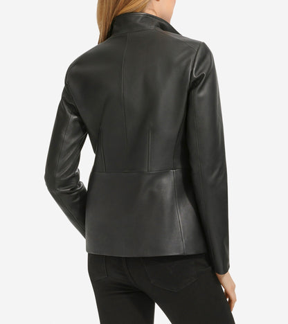 Women's Wing Collar Zip Up Leather Jacket in Black | Cole Haan