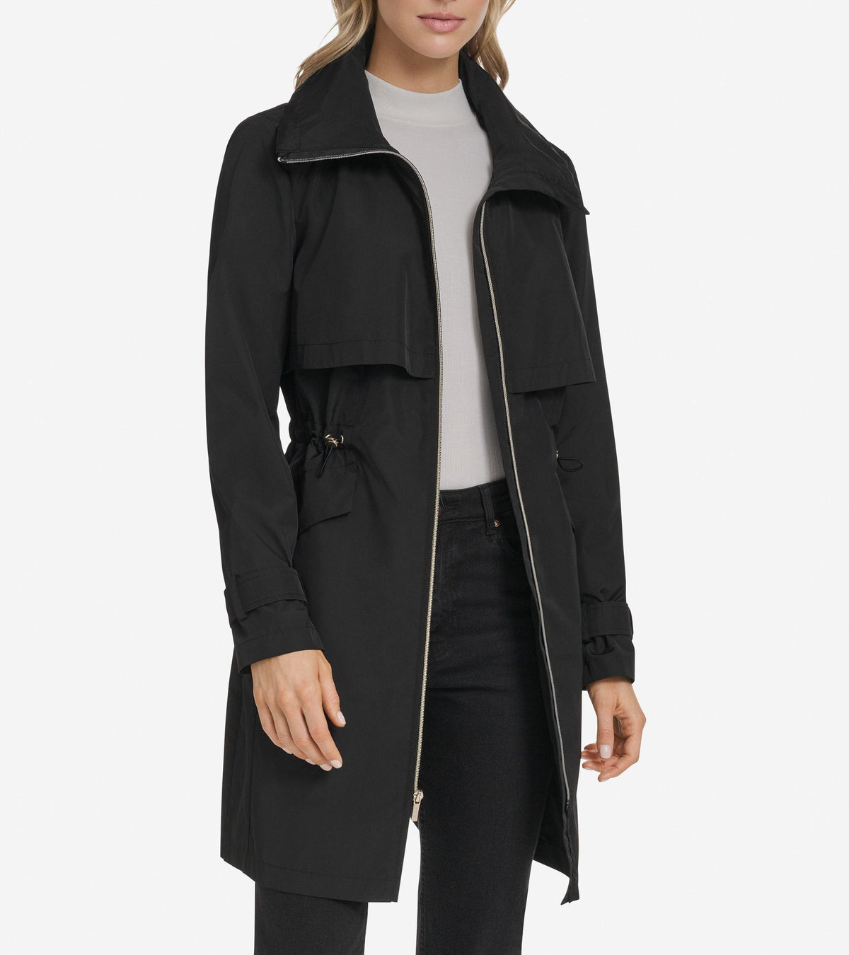Women's Zip Up Trench Coat with Stow Away Hood in Black | Cole Haan