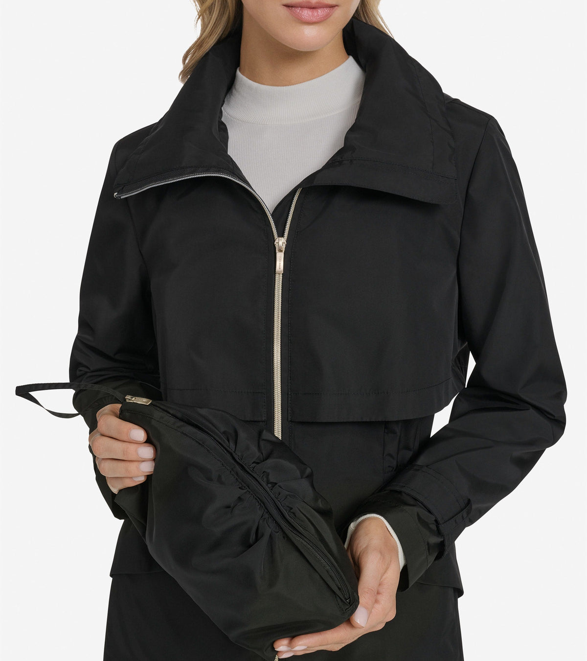 Women's Zip Up Trench Coat with Stow Away Hood in Black | Cole Haan