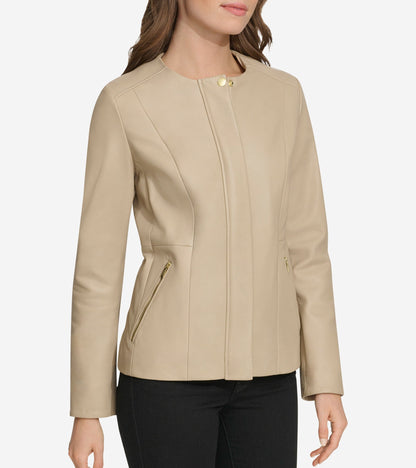 Women's Collarless Leather Jacket in Beige | Cole Haan