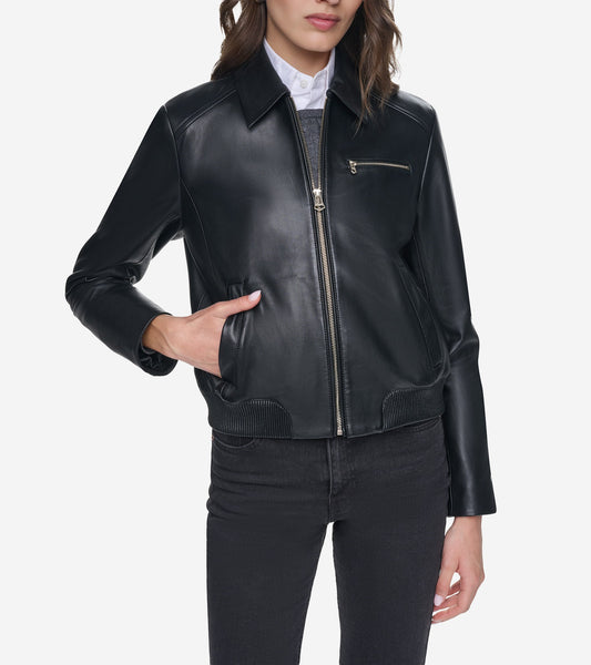 Women's Smooth Leather Bomber Jacket with Chest Pocket in Black | Cole Haan