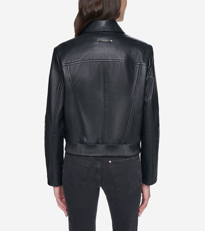 Women's Smooth Leather Bomber Jacket with Chest Pocket in Black | Cole Haan
