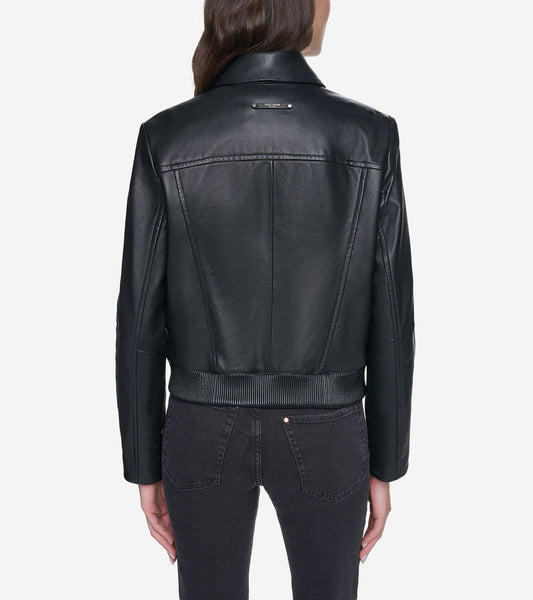 Women's Smooth Leather Bomber Jacket with Chest Pocket in Black | Cole Haan